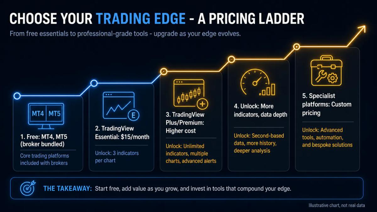 Pricing tier ladder showing TradingView Essential at $15 monthly, Plus and Premium tiers above it, and free MT4/MT5 at the ba