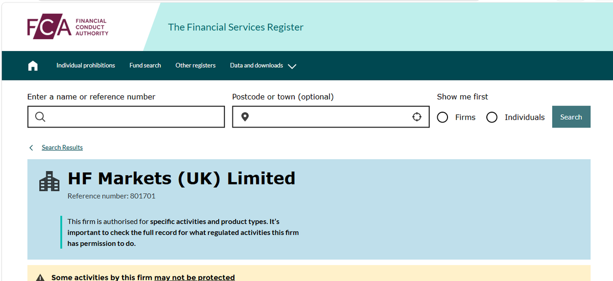 Página del registro de la FCA para HF Markets (UK) Ltd con FRN visible