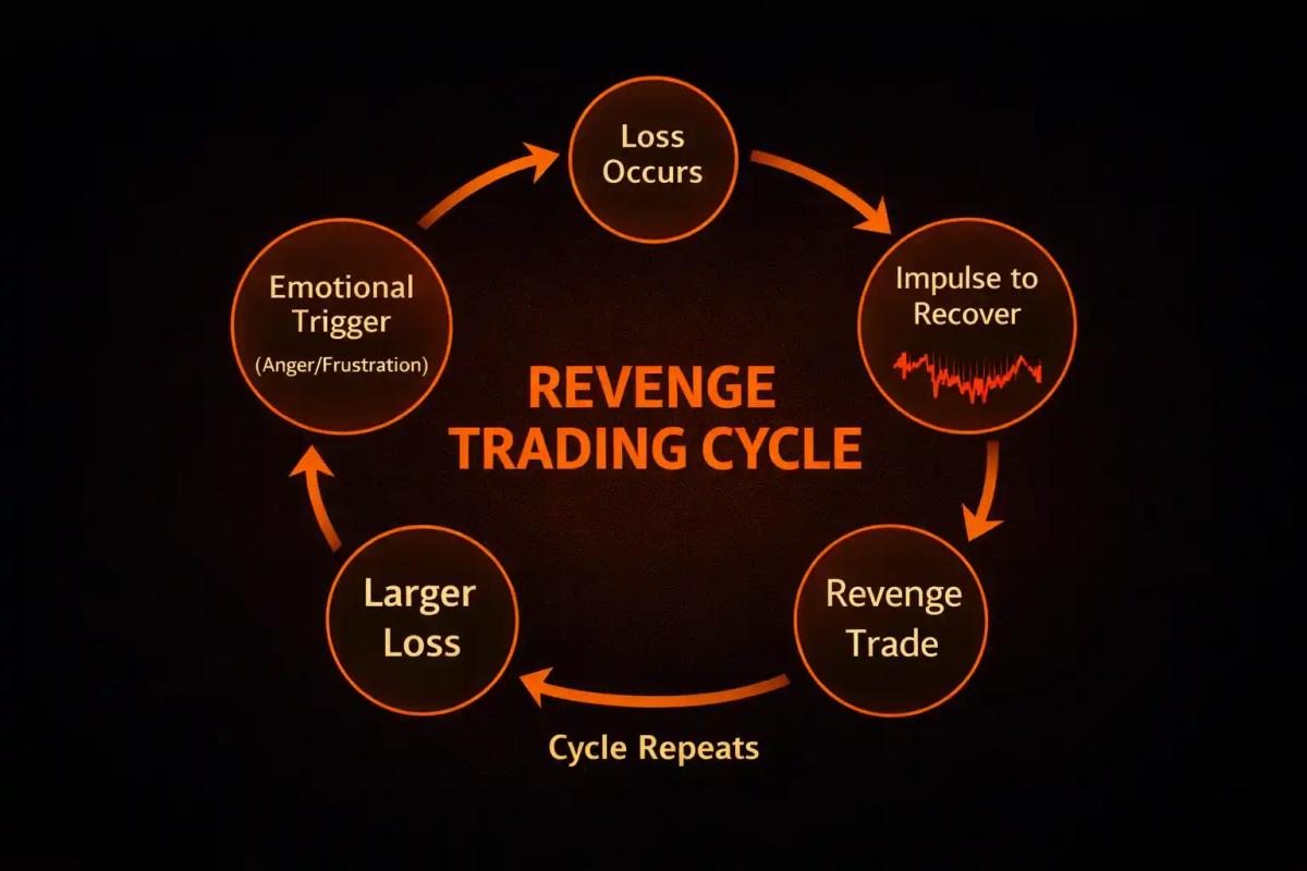 Revenge trading cycle diagram showing loss leading to emotional trigger, impulse to recover, revenge trade, and larger loss repeating