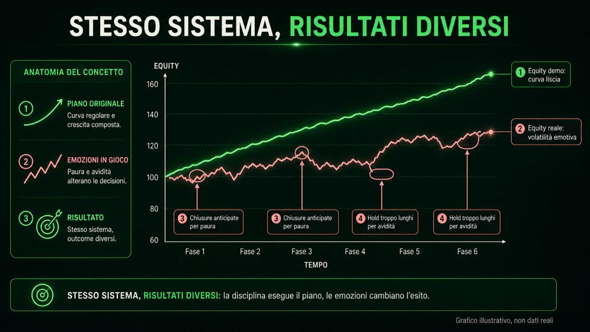 Confronto di due curve di equity: una liscia e in crescita costante da demo, una volatile e irregolare da conto reale con chi