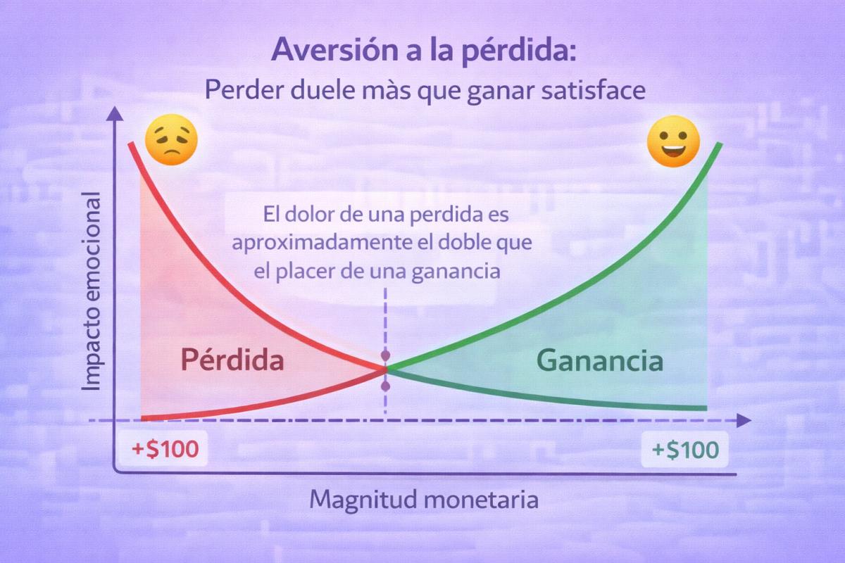Gráfico de aversión a la pérdida mostrando que perder duele más que ganar satisface