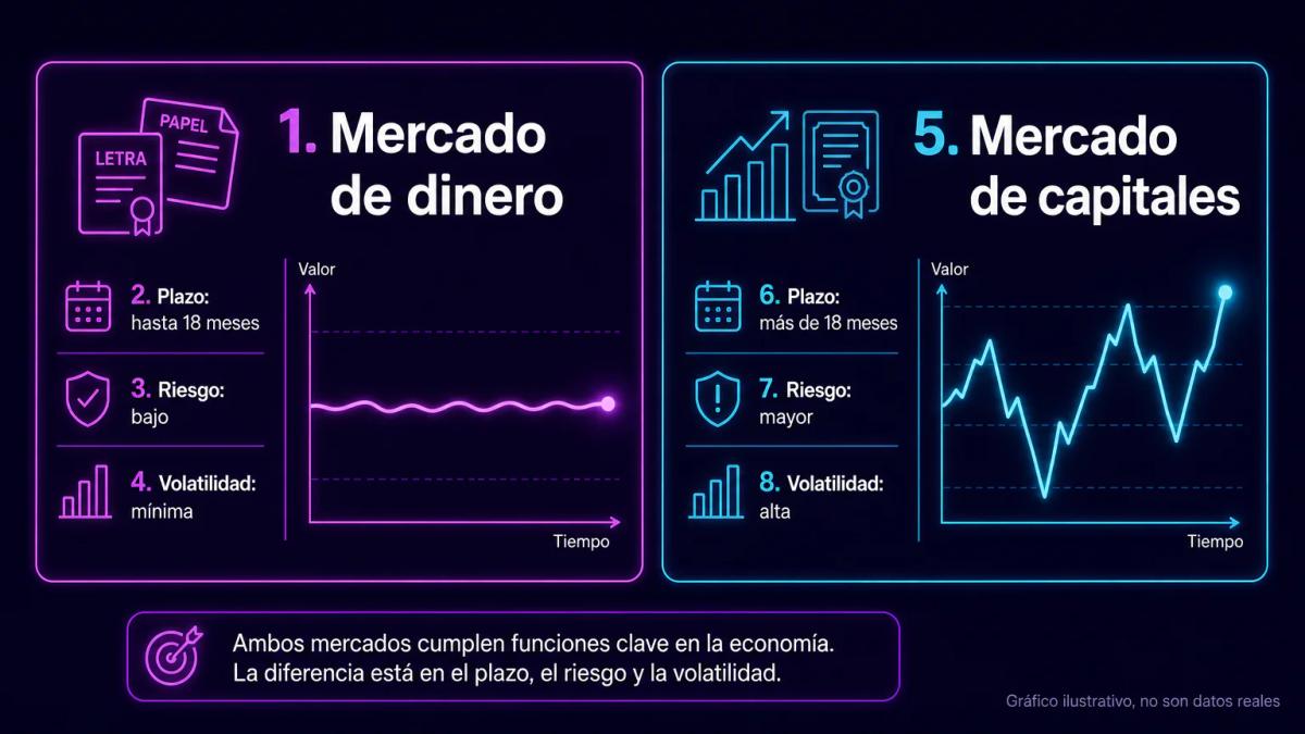 Comparación visual entre mercado de dinero y mercado de capitales mostrando plazo, riesgo e instrumentos