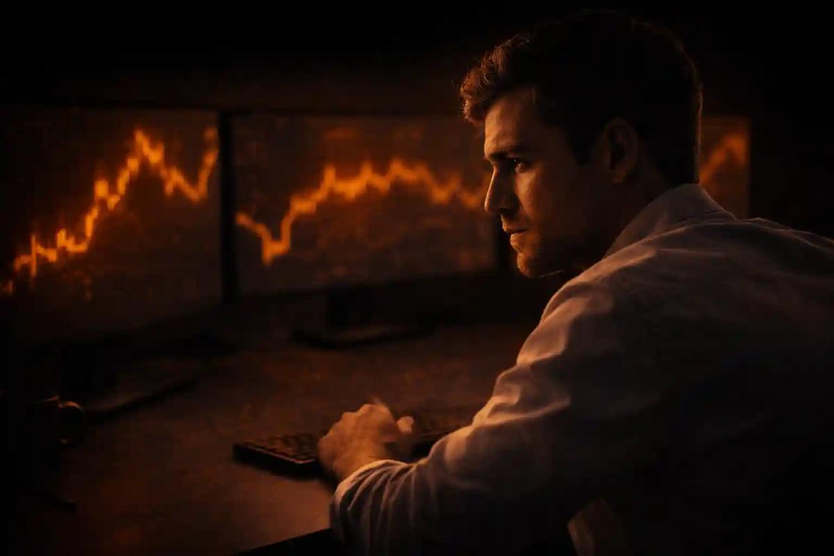 Trader sitting at desk with a contemplative expression, blurred trading screens in background