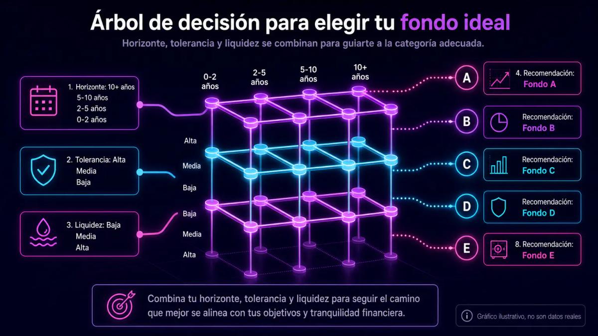 Matriz de decisión que cruza horizonte de inversión, tolerancia a pérdidas y necesidad de liquidez con categoría de fondo rec