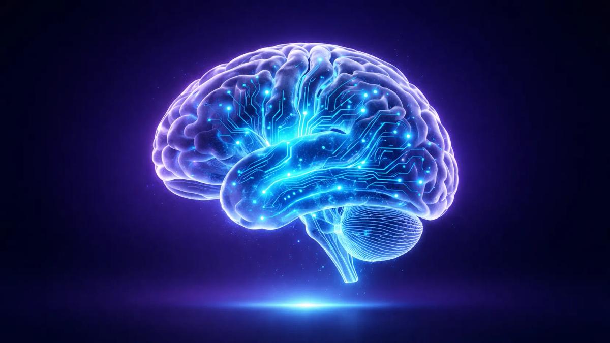 Cerebro traslúcido con circuitos de luz cian representando procesamiento lógico ordenado