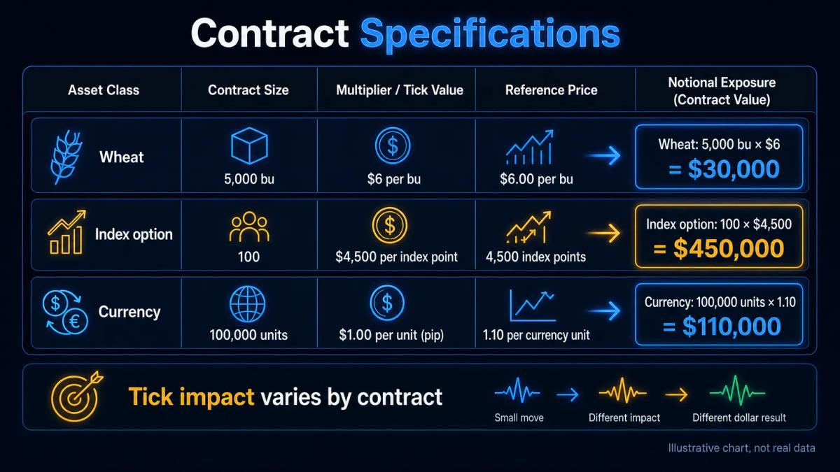 Table showing contract specifications for wheat futures, index options, and currency futures with multipliers and notional va