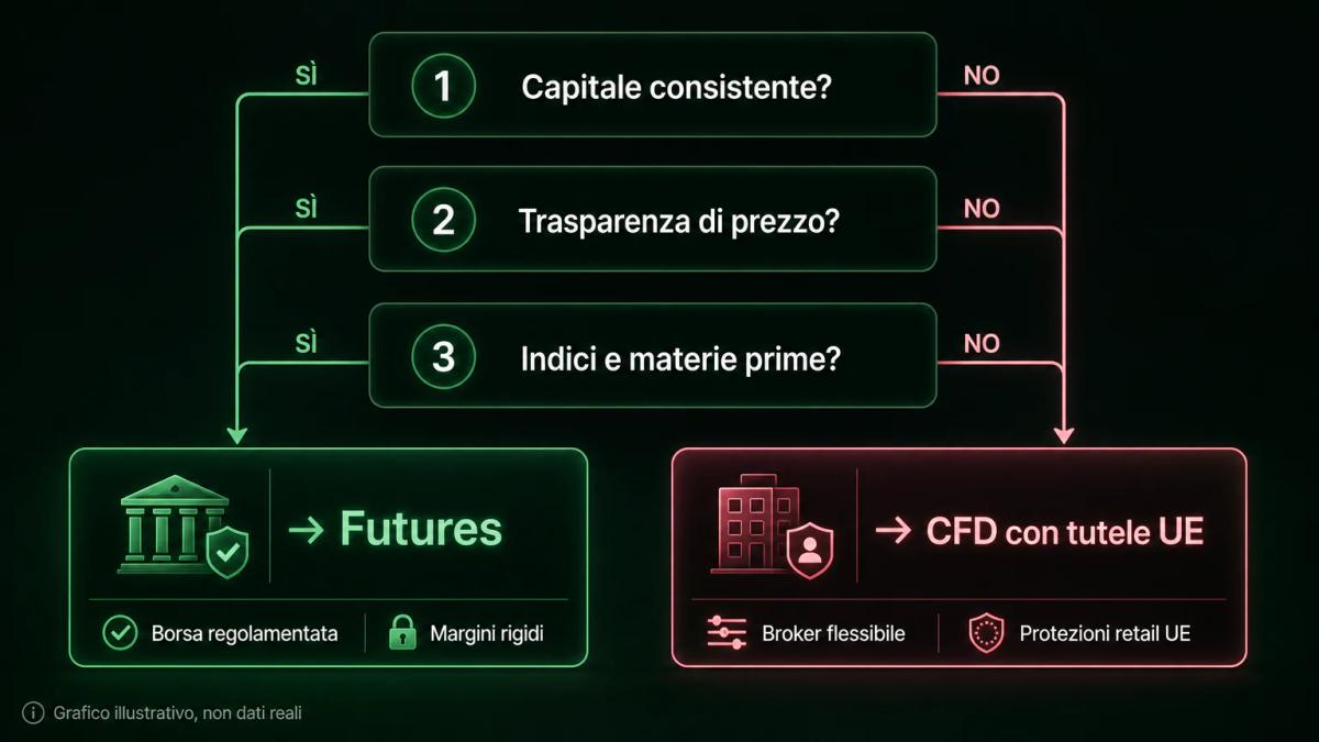Diagramma di decisione che guida il trader verso futures o CFD in base a capitale, sottostante e profilo di rischio