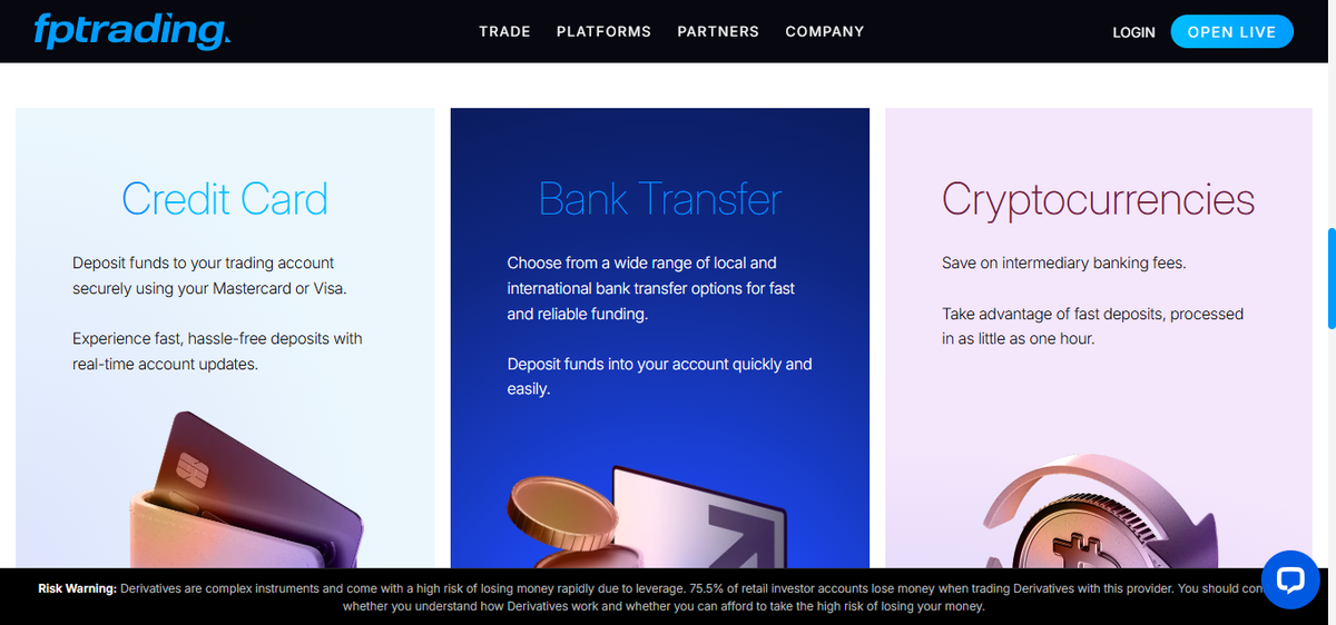 Funding page with deposit and withdrawal methods, fees and processing times