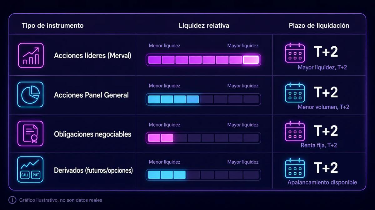 Tabla comparativa de productos BYMA con columnas de instrumento, descripción y plazo de liquidación T+2