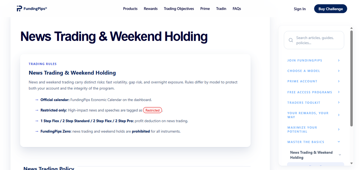 Challenge rules section highlighting balance-based drawdown, daily limits, and trading days