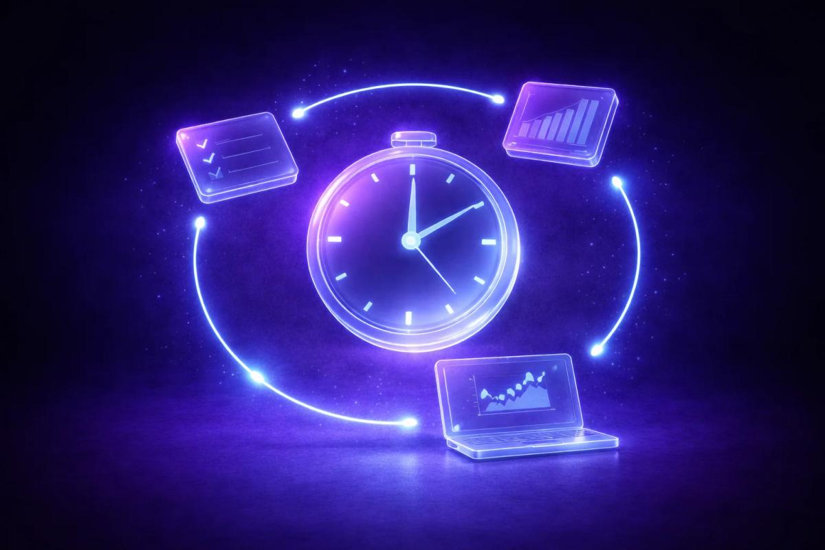 Reloj compacto 3D vítreo junto a bloque de tiempo condensado sobre fondo azul-púrpura