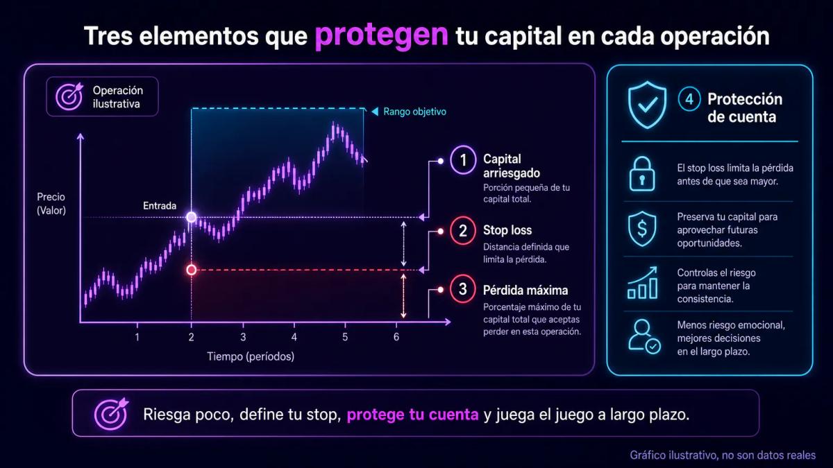Diagrama de riesgo mostrando capital inicial, stop loss y máxima pérdida aceptable en una operación