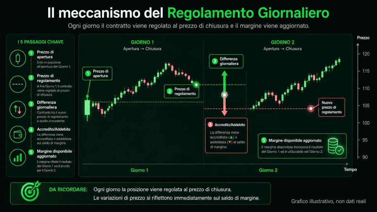 Grafico editoriale che mostra il marking to market: prezzo di apertura, prezzo di regolamento e variazione di margine accredi