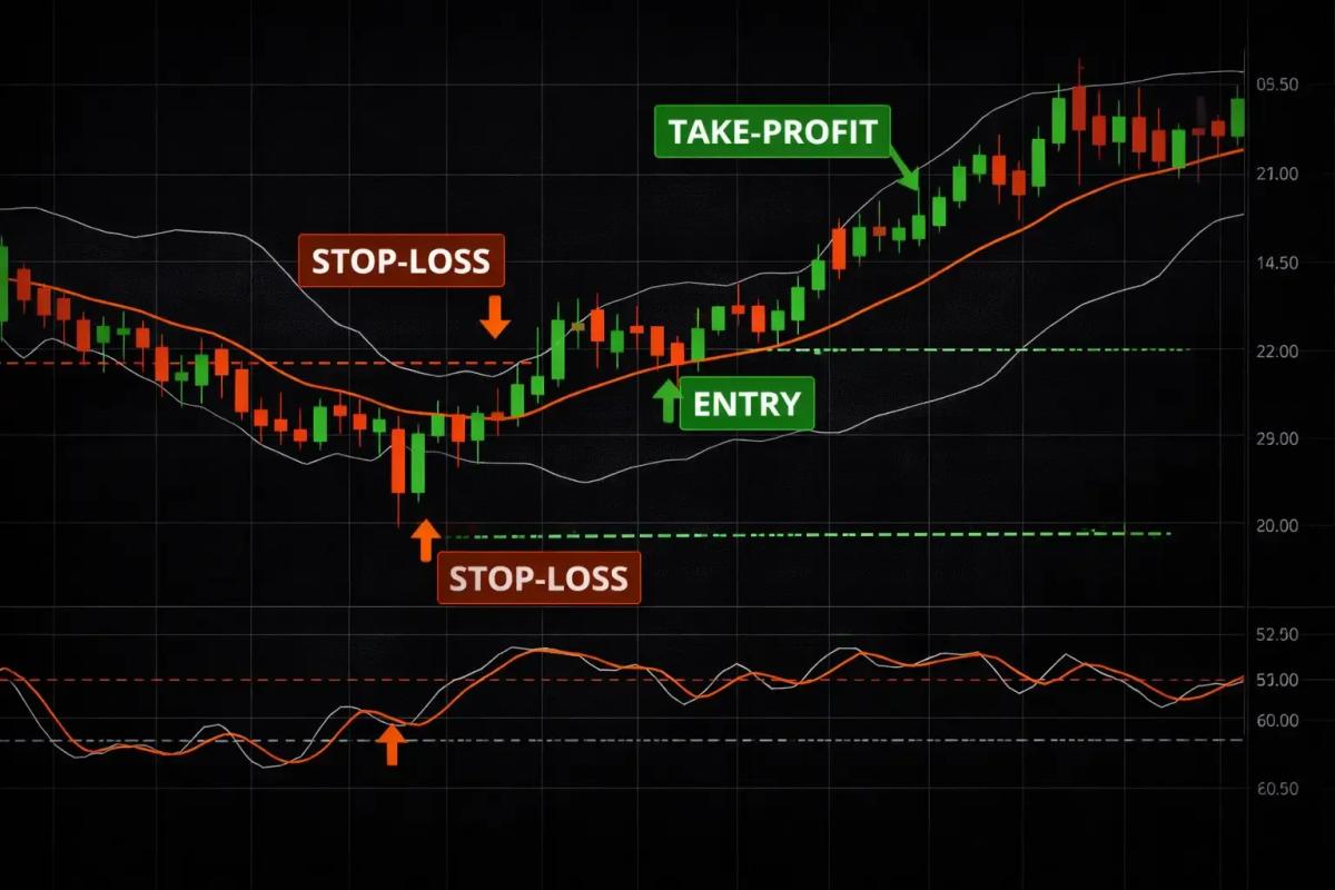 5-minute scalping trade example showing entry stop-loss and take-profit with Bollinger Bands and Stochastic indicator