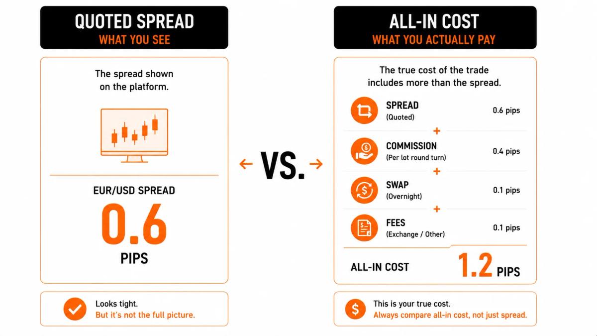 Split graphic showing "quoted spread" vs "all-in cost" concept with the gap highlighted