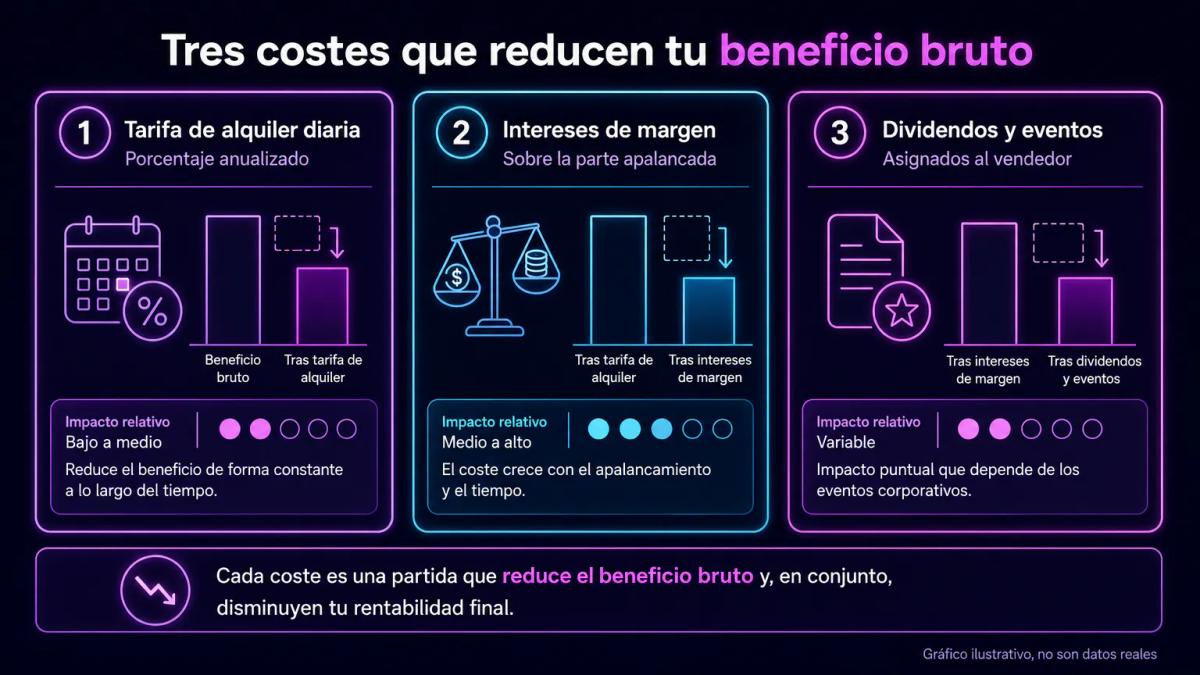 Desglose de tres costes en venta en corto: tarifa de alquiler diaria, intereses de margen y dividendos