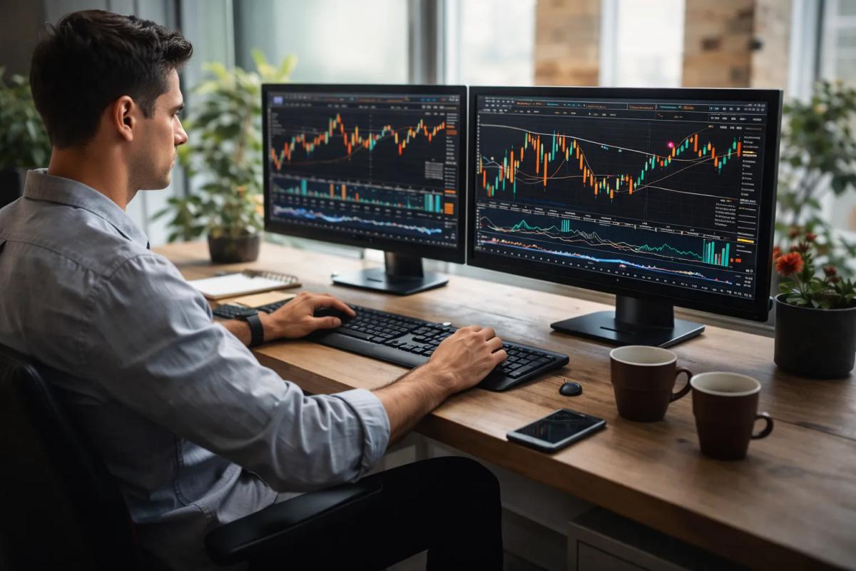 Trader analysing multiple financial market charts on desktop screens