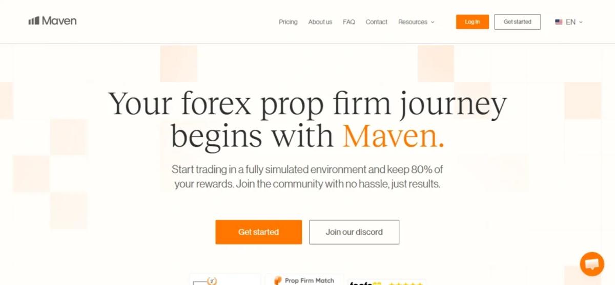 Maven Trading homepage showing funded trader program options and challenge pricing
