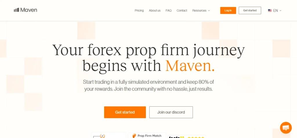 Maven Trading homepage showing funded trader program options and challenge pricing