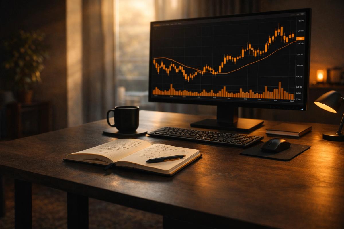 Organized trading desk with notebook and market chart in early morning light showing pre-market preparation