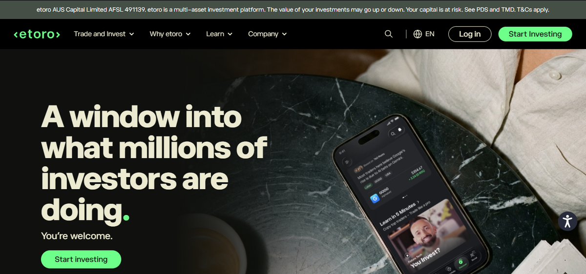 eToro UK homepage with top navigation and the FCA-mandated risk warning visible