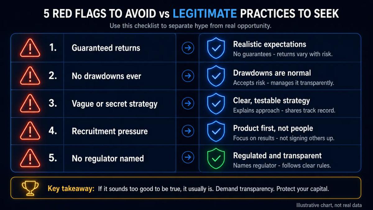 Checklist with warning symbols next to guaranteed returns, vague strategies, and recruitment pressure