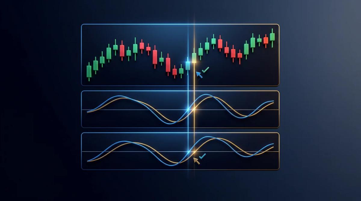 Two overlapping indicator waves on a price chart showing independent confirmation signals