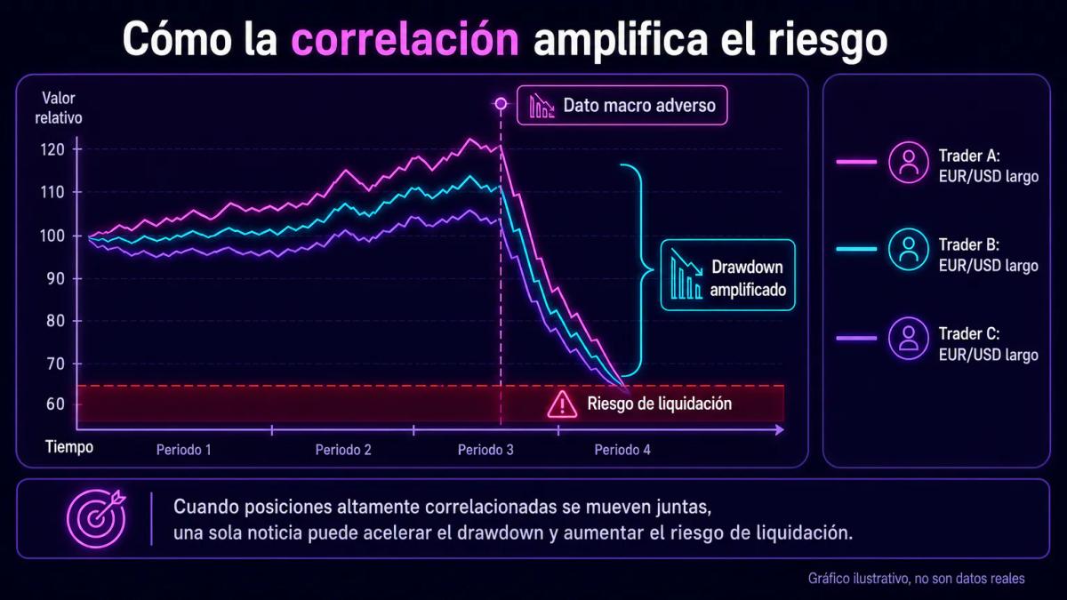 Gráfico editorial mostrando tres líneas de precio correlacionadas cayendo simultáneamente, con anotaciones de drawdown y liqu