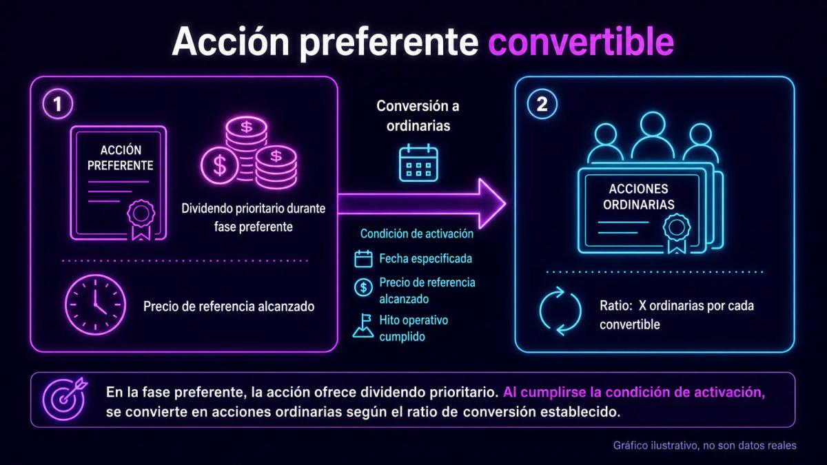 Diagrama de flujo mostrando conversión de acción preferente convertible a ordinaria tras alcanzar precio de mercado