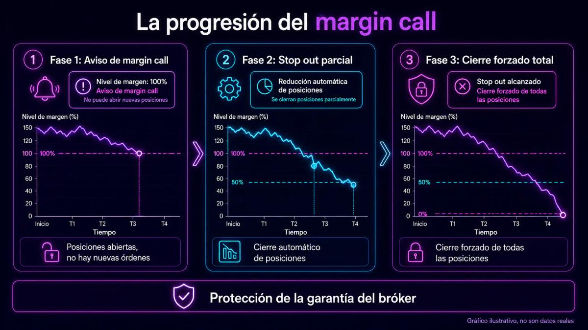 Tres fases del margin call: aviso, stop out parcial y cierre forzado de posiciones