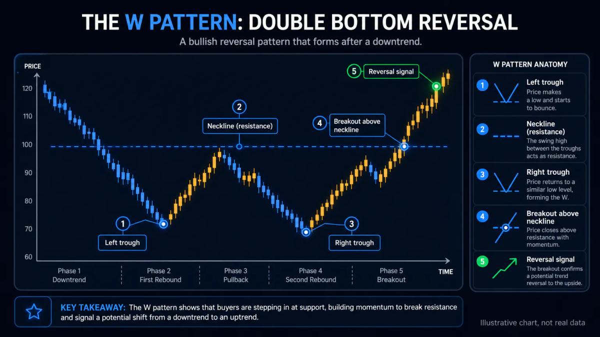 Annotated W pattern showing left trough, neckline, right trough, and breakout above resistance