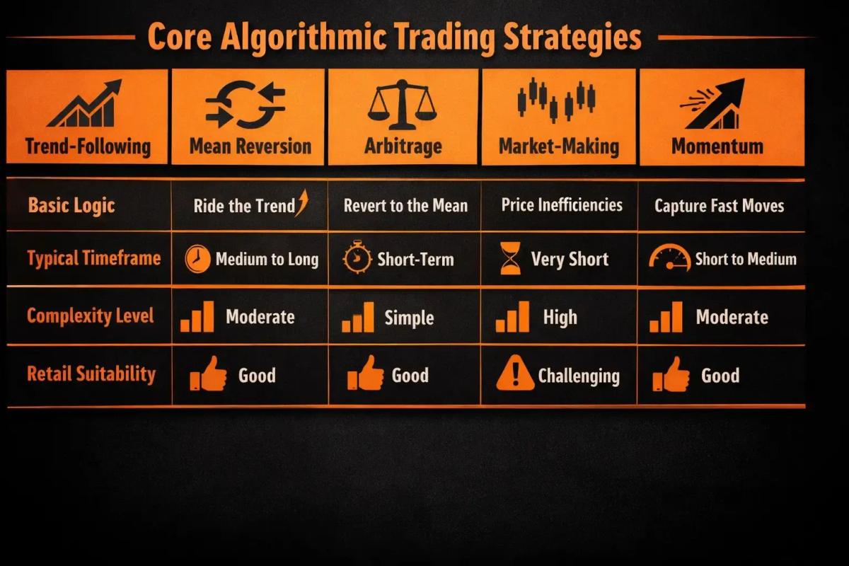 Comparison of five core algorithmic trading strategies showing timeframe complexity and retail suitability