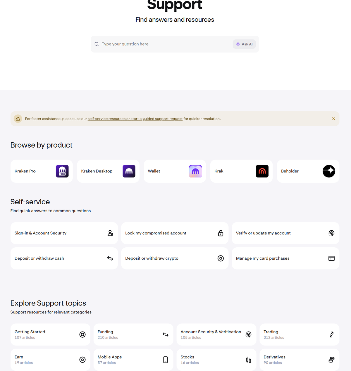 Kraken Support Center homepage with Help topics and Contact options visible