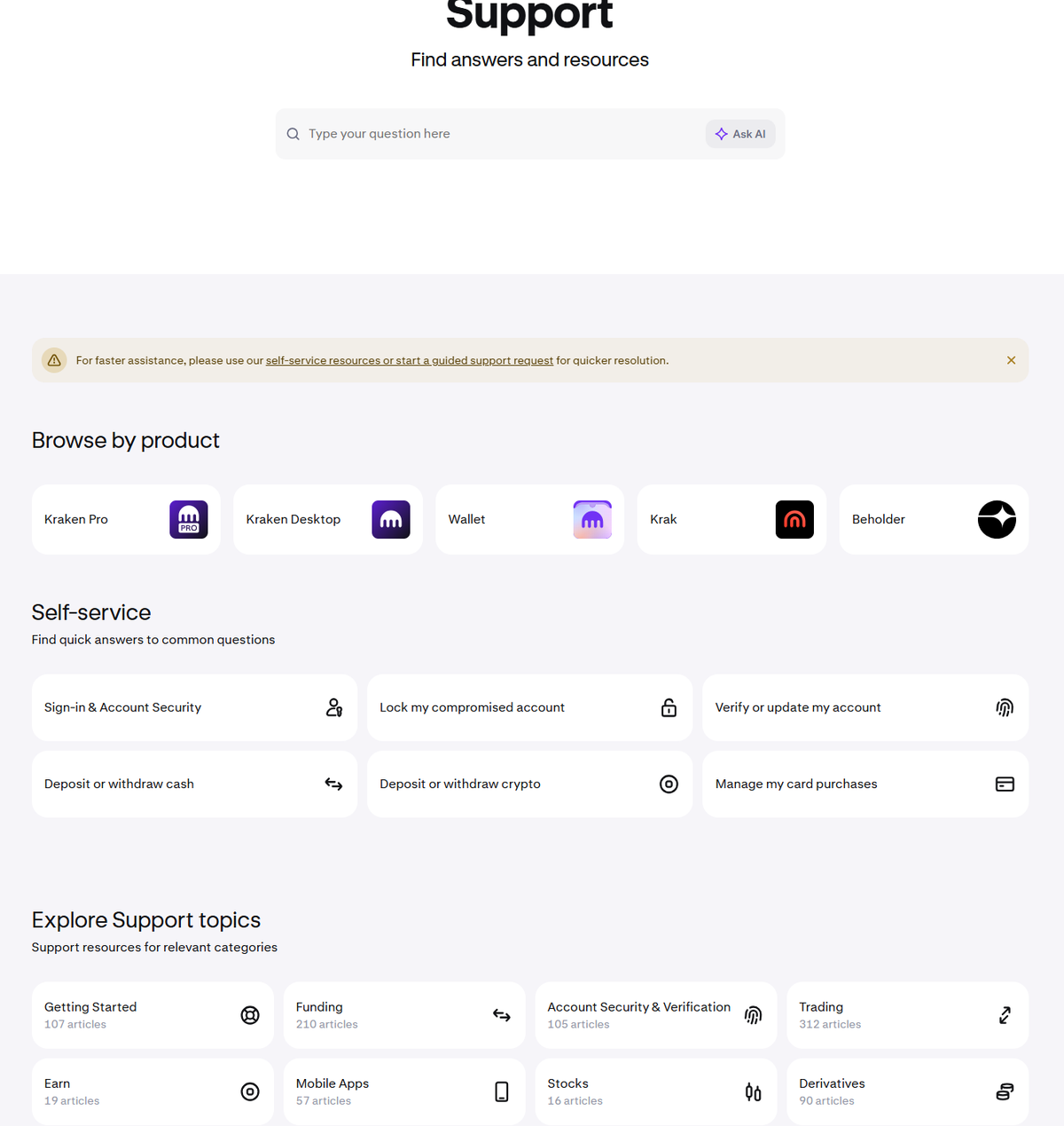 Kraken Support Center homepage with Help topics and Contact options visible