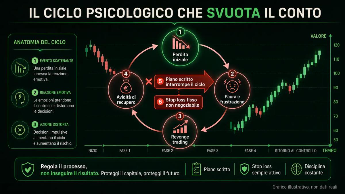 Diagramma che mostra il ciclo della paura e dell'avidità nel trading e come un piano scritto lo interrompe