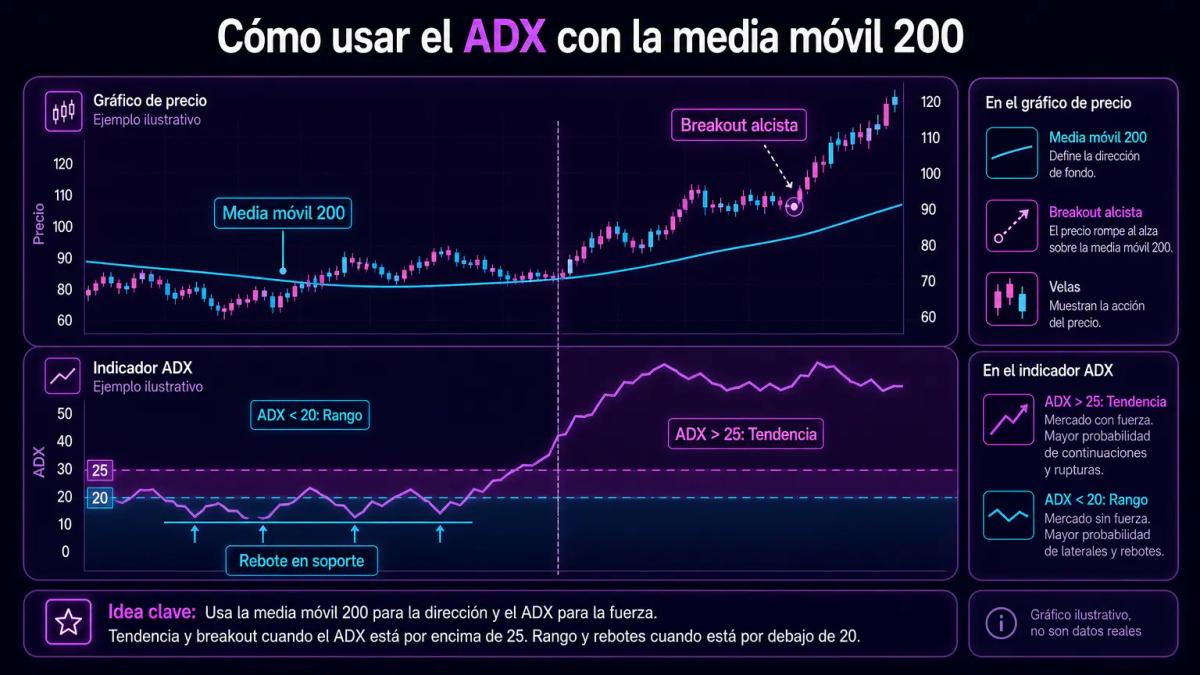Gráfico editorial mostrando media móvil 200, ADX y zonas de tendencia versus rango