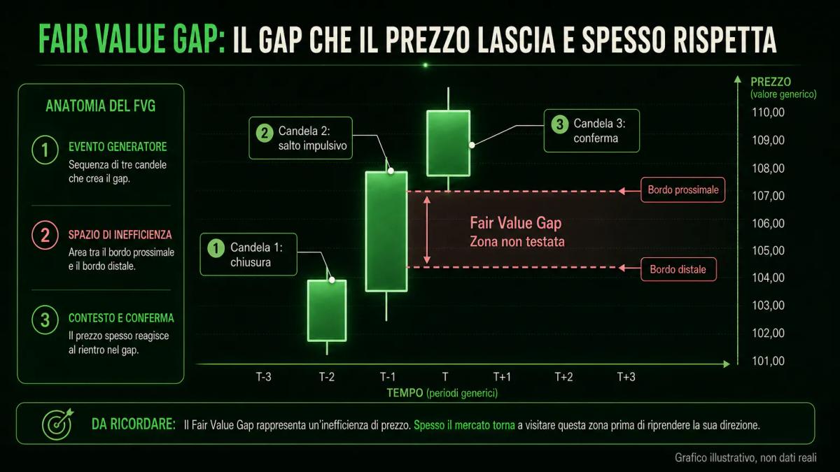 Anatomia del Fair Value Gap con tre candele, bordi del gap e zona vuota etichettati