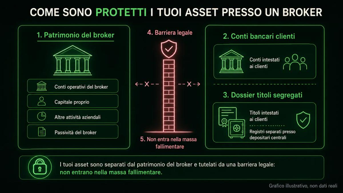Schema infografico che mostra conti bancari segregati e dossier titoli separati dal patrimonio del broker