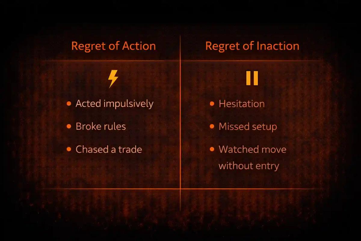 Two-column comparison infographic showing the characteristics of regret of action versus regret of inaction in trading