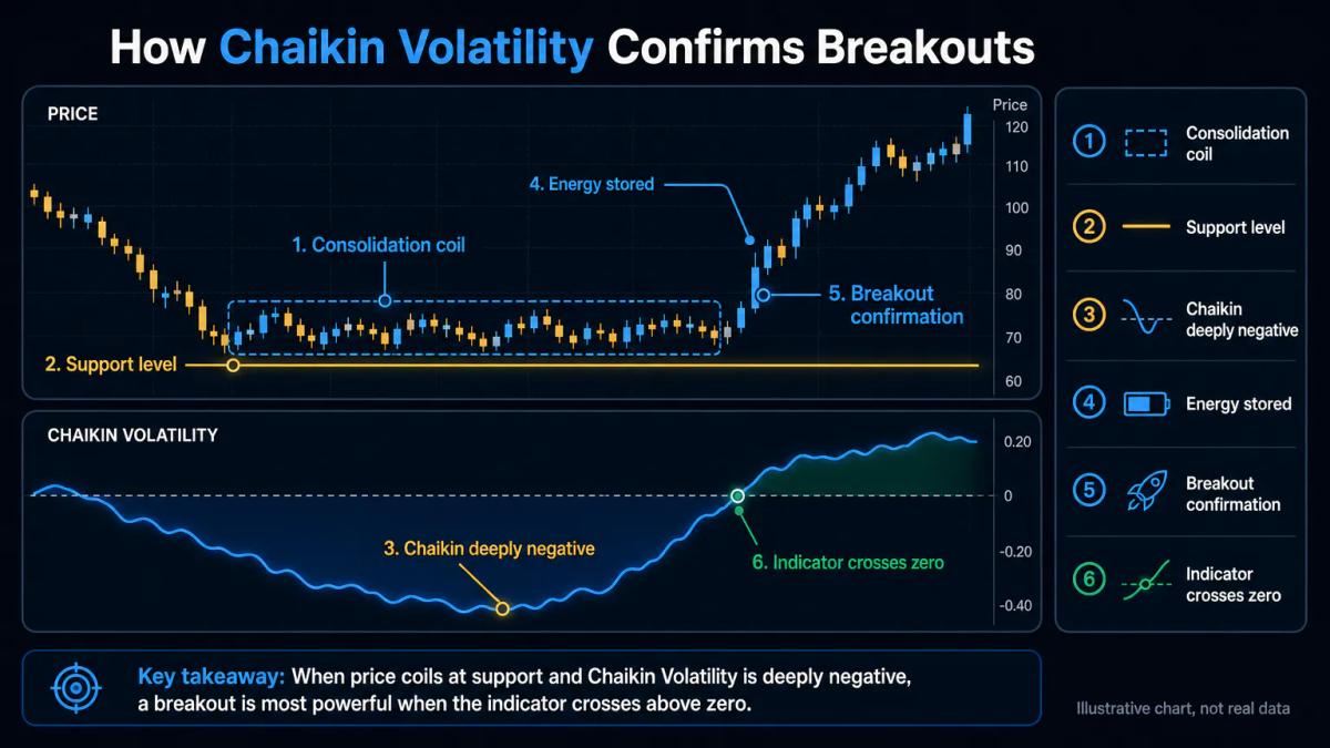 Price consolidating near support with Chaikin Volatility deeply negative, then breakout with indicator crossing above zero