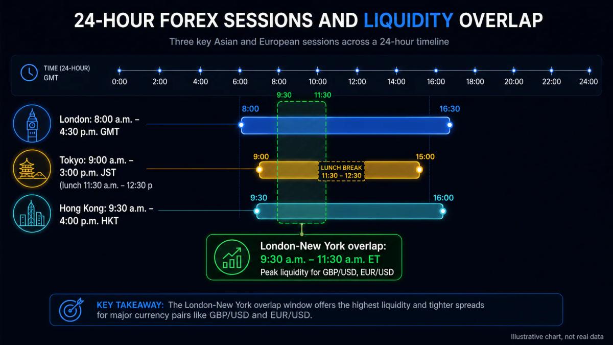 Global market session timeline showing London, Tokyo, and Hong Kong opening and closing times with overlap zones highlighted