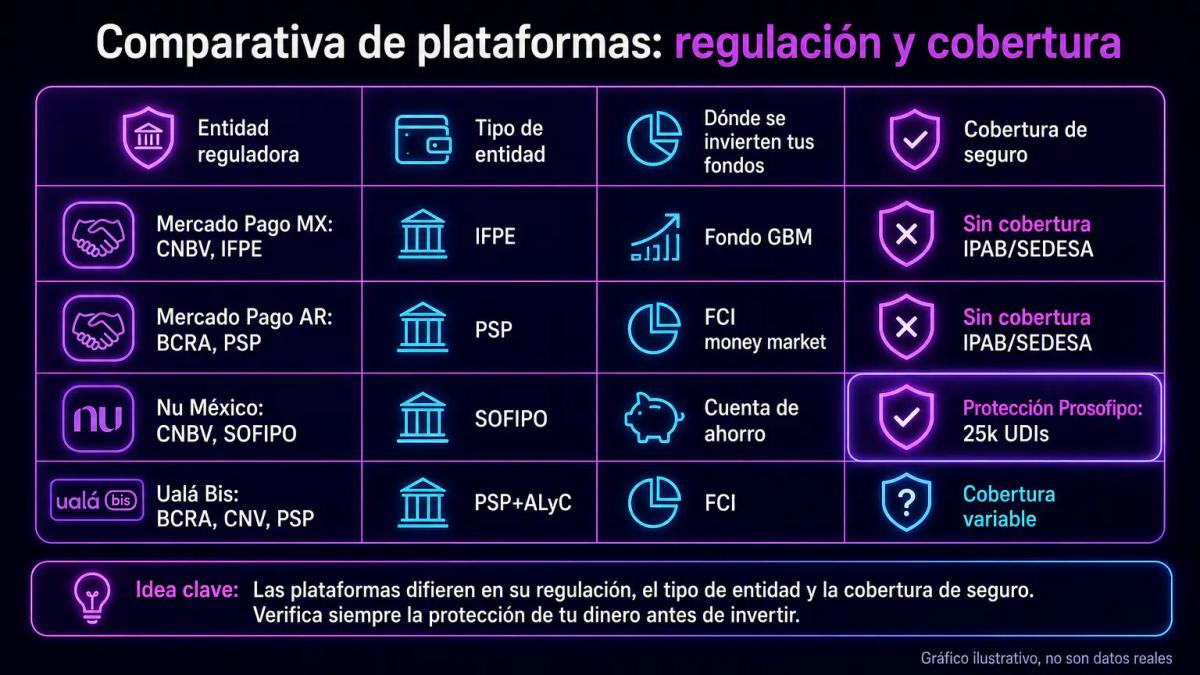 Tabla comparativa de reguladores, figuras legales y coberturas de seguro entre Mercado Pago, Nu México y Ualá