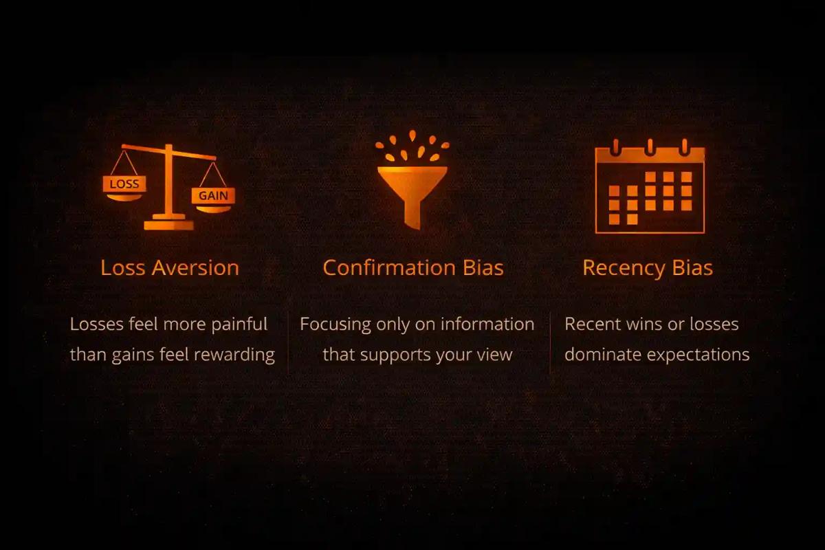 Diagram illustrating three cognitive biases that affect traders — loss aversion, confirmation bias, and recency bias