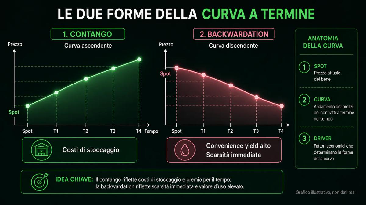 Due curve forward a confronto: una ascendente per il contango e una discendente per la backwardation, con etichette delle com