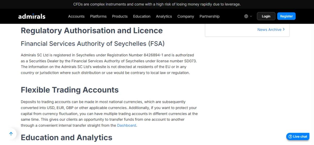 Admirals regulation page showing FCA, CySEC, and other regulatory licenses with license numbers