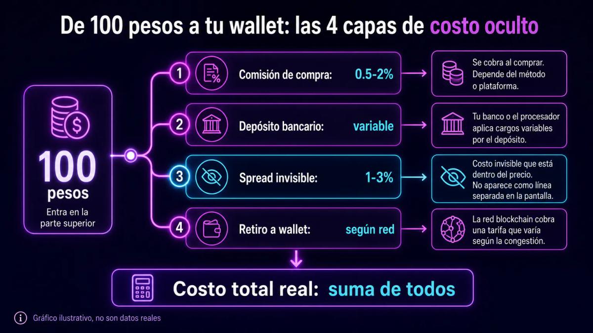 Desglose de costos en una compra de criptomonedas: comisión de compra, depósito bancario, spread y retiro a wallet
