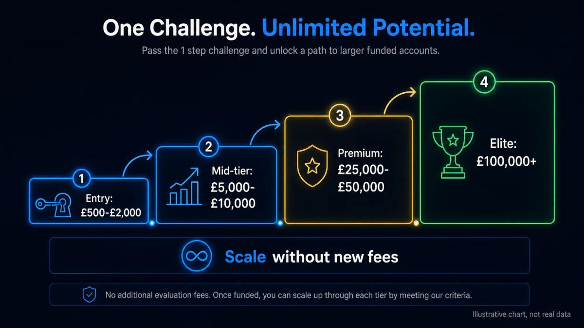 Four account tiers showing entry-level to premium capital amounts with scaling progression arrows