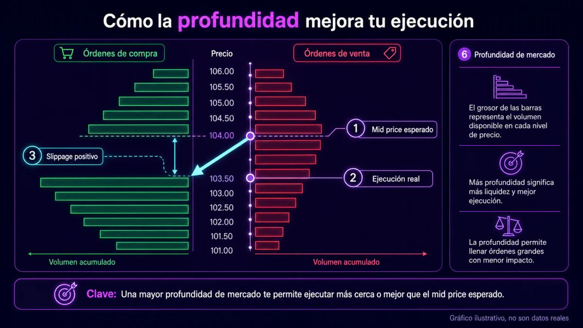 Profundidad de mercado con múltiples niveles de órdenes de compra y venta, mostrando cómo una orden barre varios niveles
