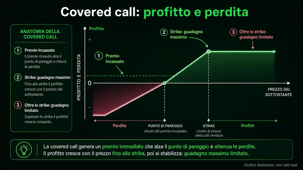 Grafico illustrativo del profilo profitto e perdita di una covered call: il premio attutisce i ribassi e lo strike limita il guadagno