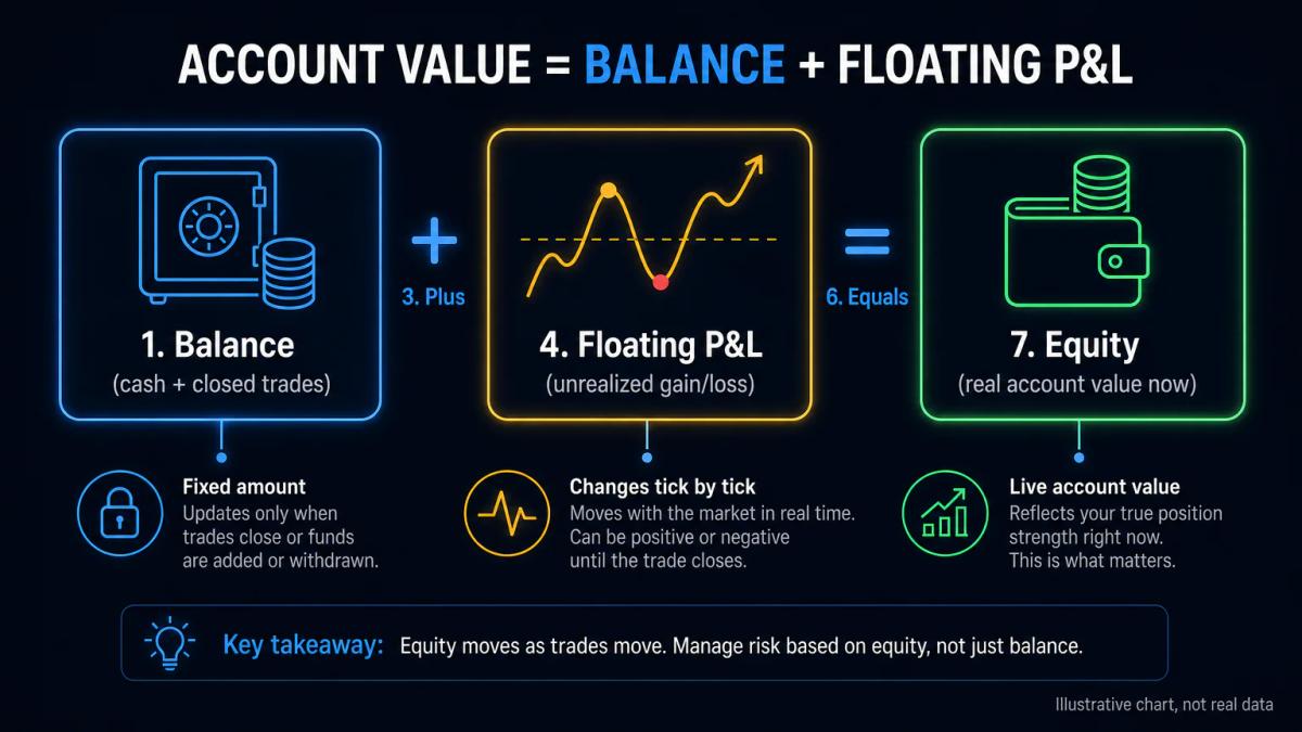 Three boxes connected by plus and equals signs: balance plus floating P&L equals equity
